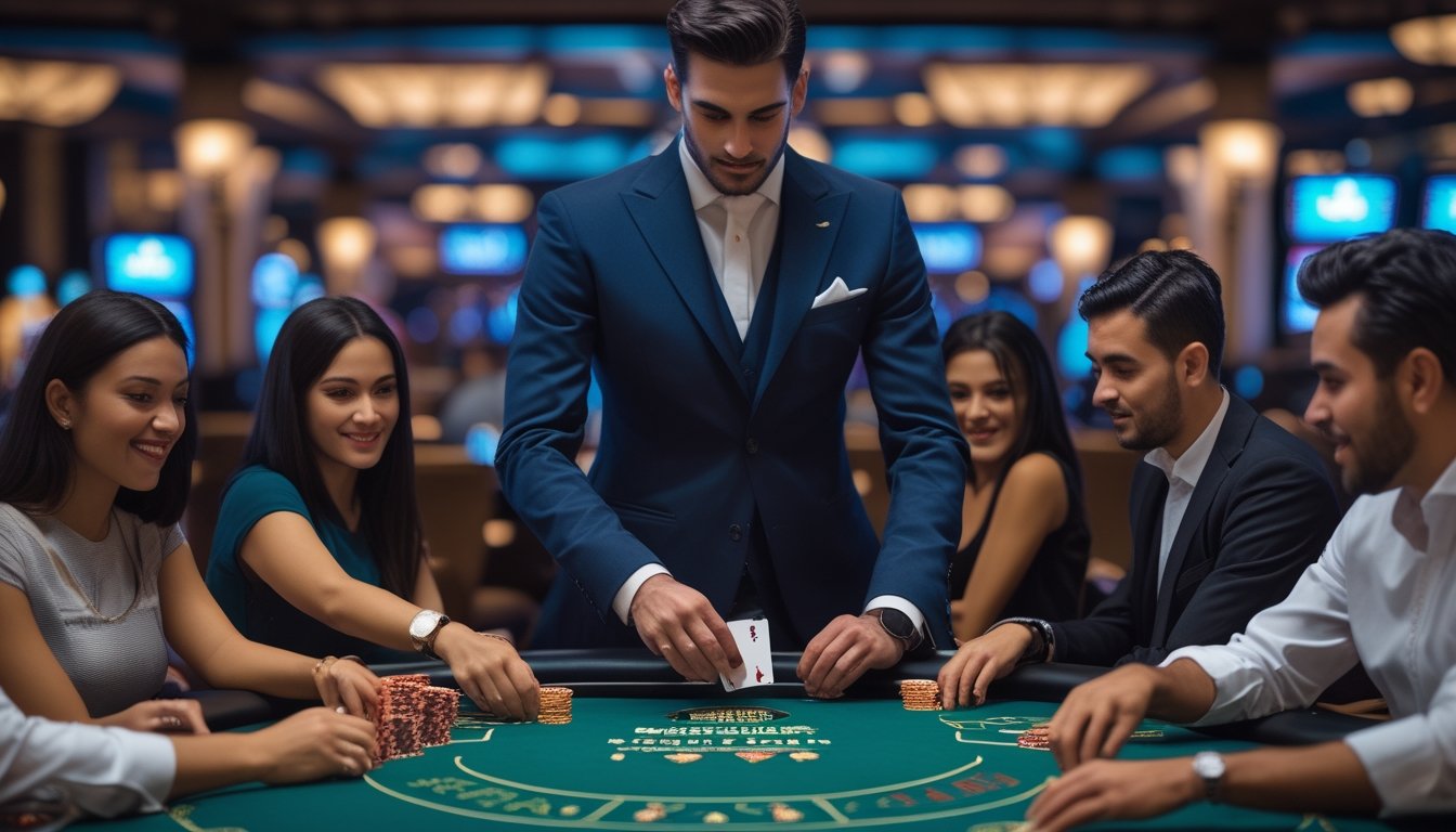 Seorang dealer dan beberapa pemain sedang bermain Three Card Poker di meja kasino dengan suasana mewah dan pencahayaan hangat.