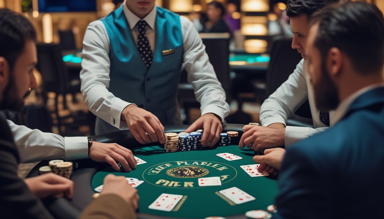 Suasana meja permainan Three Card Poker dengan dealer dan pemain yang sedang bermain di kasino.