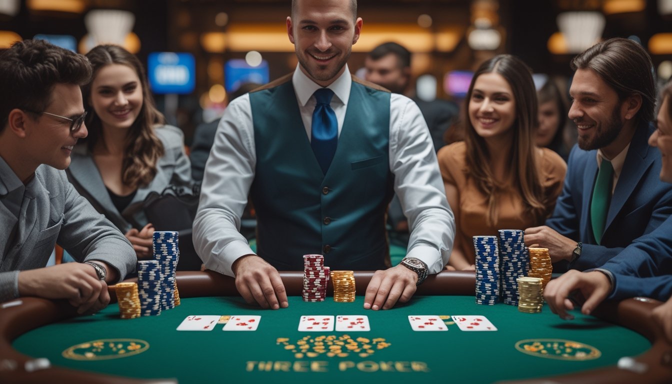Seorang dealer dan beberapa pemain sedang bermain Three Card Poker di meja kasino dengan kartu dan chip taruhan.