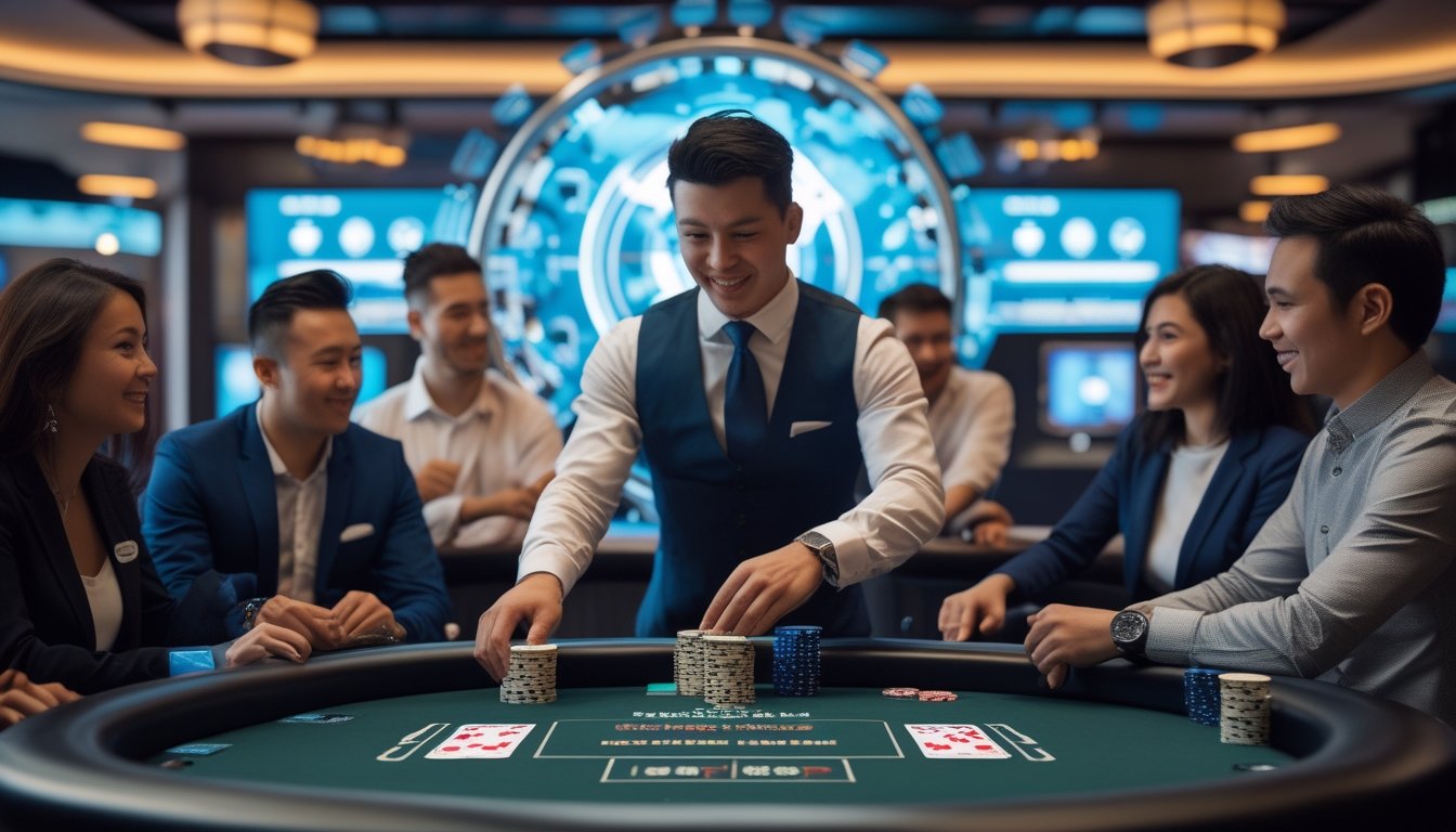 Suasana kasino dengan dealer dan pemain bermain Three Card Poker di meja poker, dengan layar digital yang menunjukkan proses deposit dan penarikan cepat selama 24 jam.
