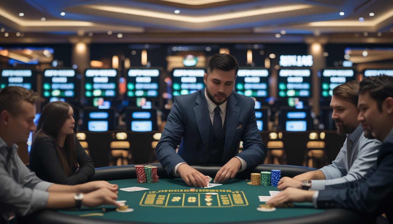 Seorang dealer membagikan kartu kepada pemain di meja Three Card Poker di kasino dengan suasana terang dan modern.