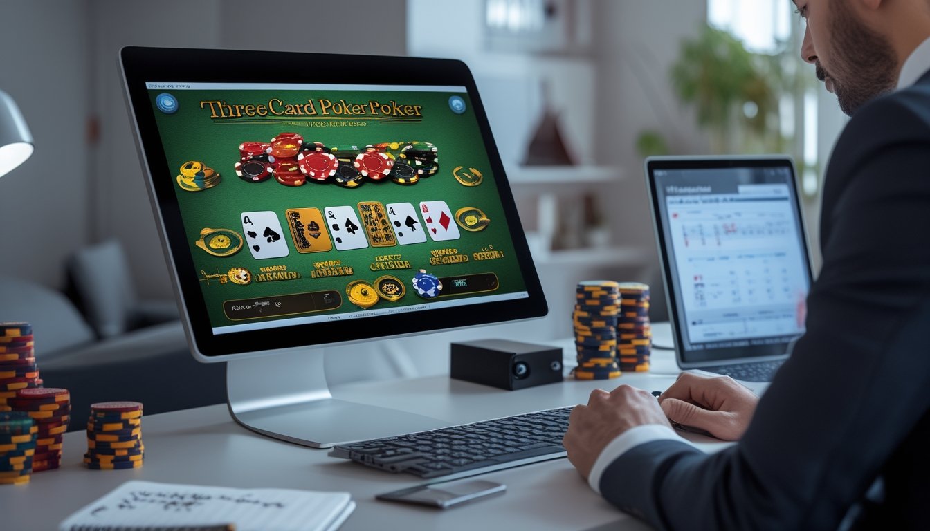 Seseorang sedang bermain Three Card Poker online di komputer dengan tumpukan chip poker dan catatan di meja.