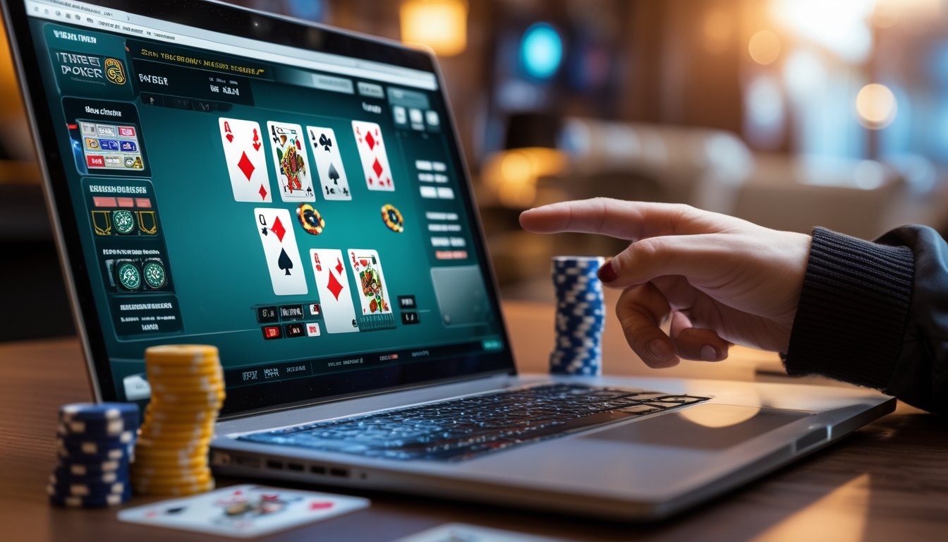 Seorang pemain berjudi menggunakan laptop dengan kartu dan chip poker di meja, menunjukkan permainan Three Card Poker online.