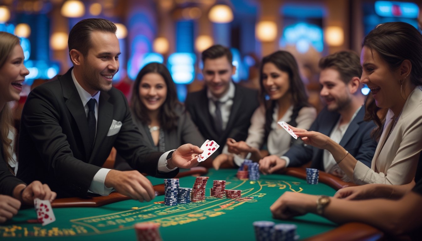 Suasana meja poker tiga kartu dengan dealer dan pemain yang antusias di kasino.