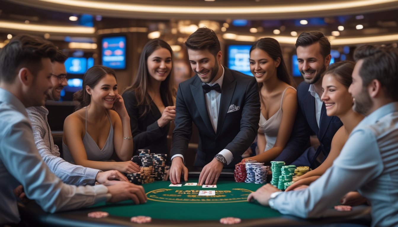 Seorang dealer berjubah rapi sedang membagikan tiga kartu di meja poker hijau dengan pemain yang tersenyum dan suasana kasino yang cerah.