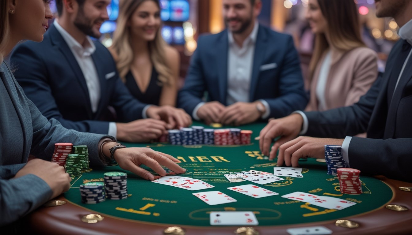 Meja poker dengan tiga kartu, tumpukan chip, dan beberapa pemain yang sedang bermain di kasino.