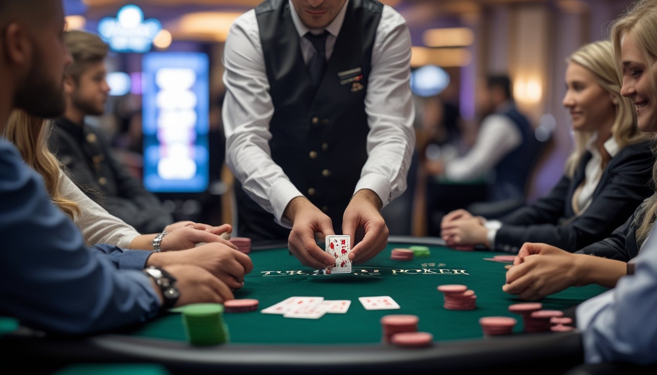 Meja poker dengan dealer membagikan tiga kartu kepada beberapa pemain di kasino.