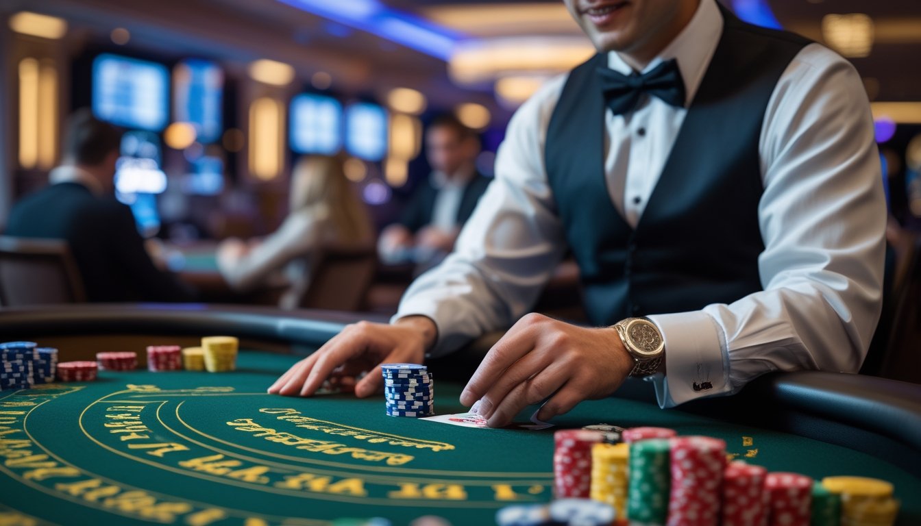 Seorang dealer blackjack profesional sedang membagikan kartu di meja kasino dengan tumpukan chip dan suasana kasino yang mewah.