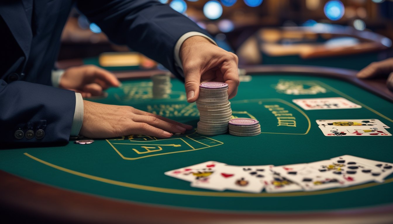 Meja blackjack dengan tangan bandar yang mendorong tumpukan chip ke pemain, menunjukkan situasi surrender dalam permainan blackjack.