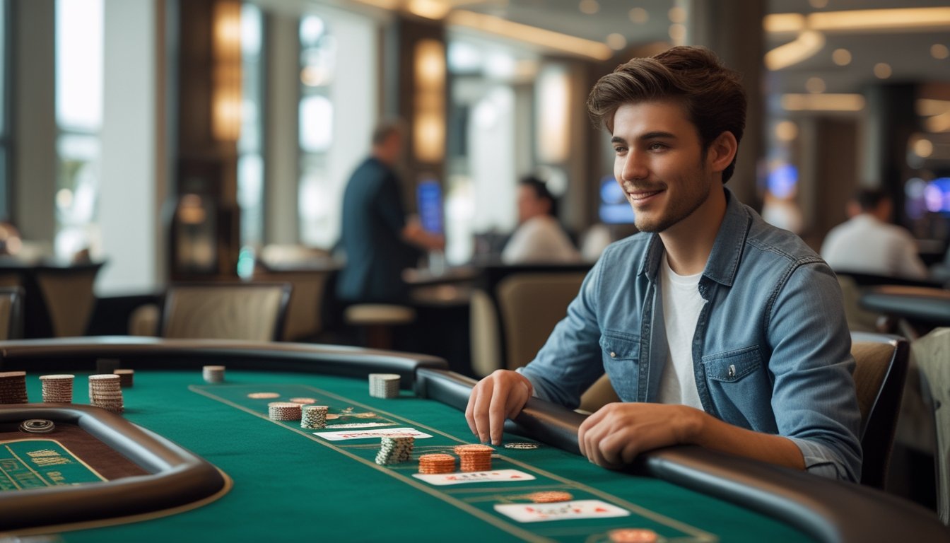 Seorang pemain blackjack pemula sedang memilih meja blackjack di dalam kasino dengan suasana yang terang dan ramah.