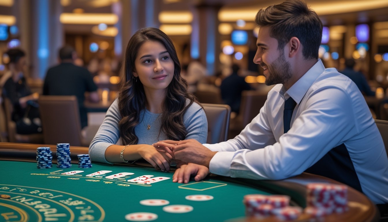 Seorang pemain blackjack pemula sedang belajar aturan dasar blackjack surrender di meja kasino dengan dealer yang ramah.