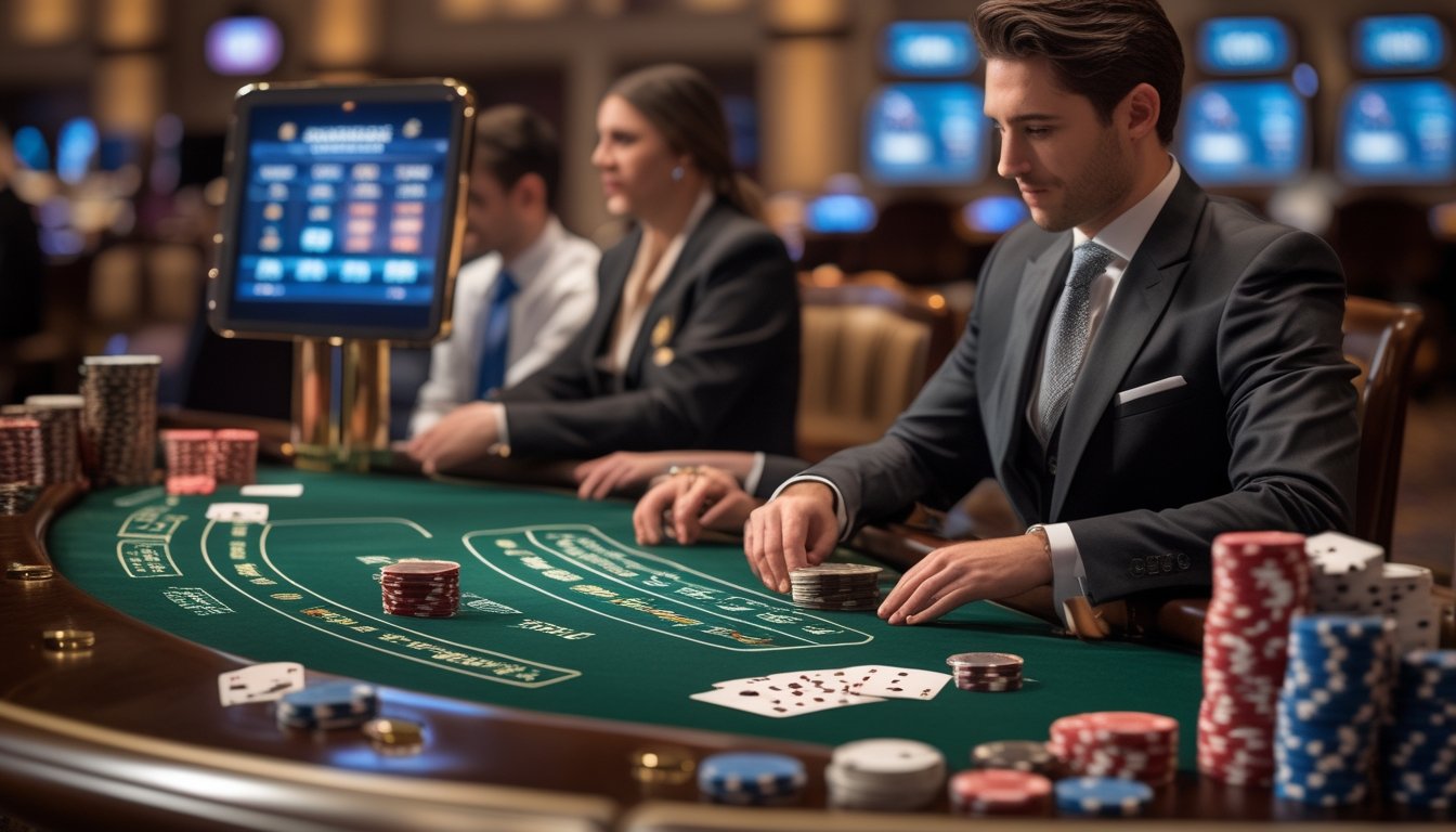 Meja blackjack di kasino dengan dealer dan pemain yang sedang bermain kartu, menampilkan suasana permainan yang fokus dan elegan.