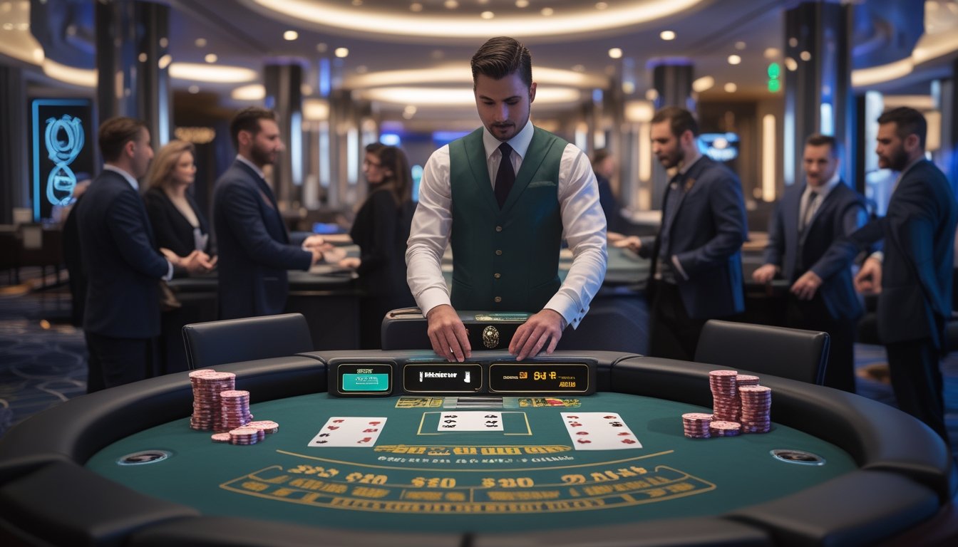 Meja blackjack di kasino dengan dealer dan pemain yang sedang bermain, menampilkan suasana permainan yang intens dan profesional.