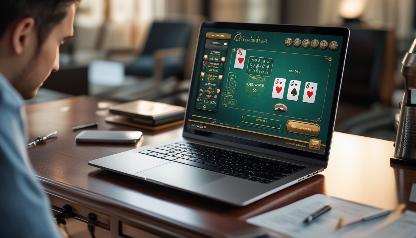 Seorang pemain sedang menggunakan laptop dengan meja blackjack digital dan chip di layar, dikelilingi oleh catatan dan alat tulis di atas meja.