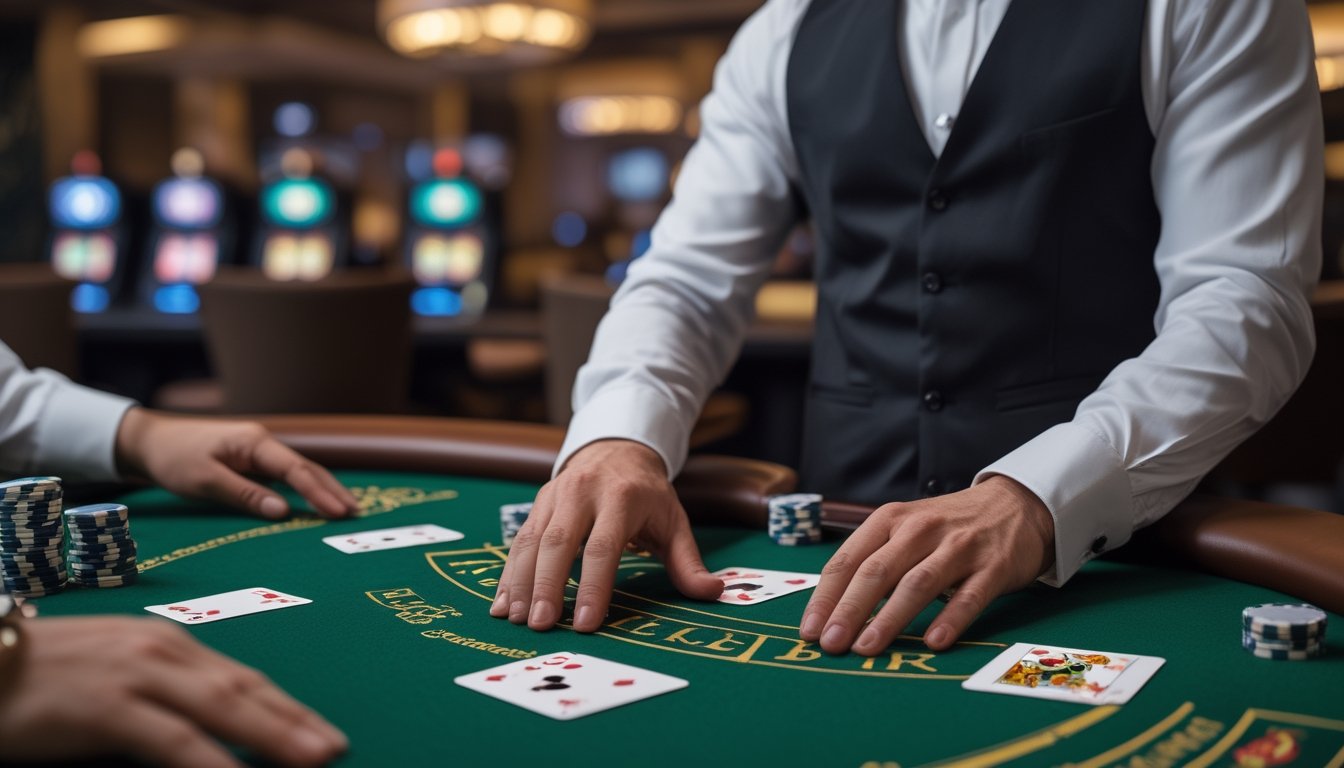 Meja blackjack dengan dealer membagikan kartu dan tumpukan chip di kasino yang elegan.