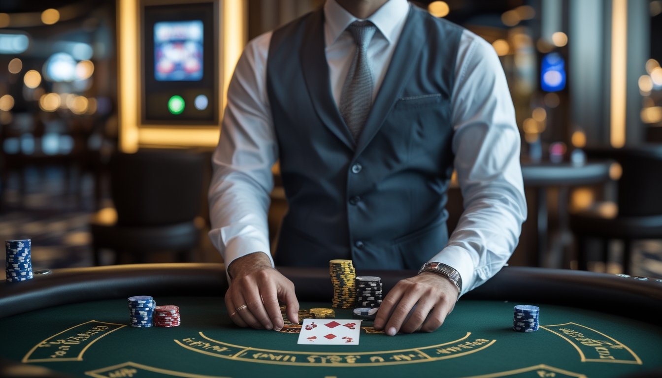 Seorang dealer blackjack pria berdiri di belakang meja kasino dengan kartu dan chip, di latar belakang terlihat sistem keamanan digital.