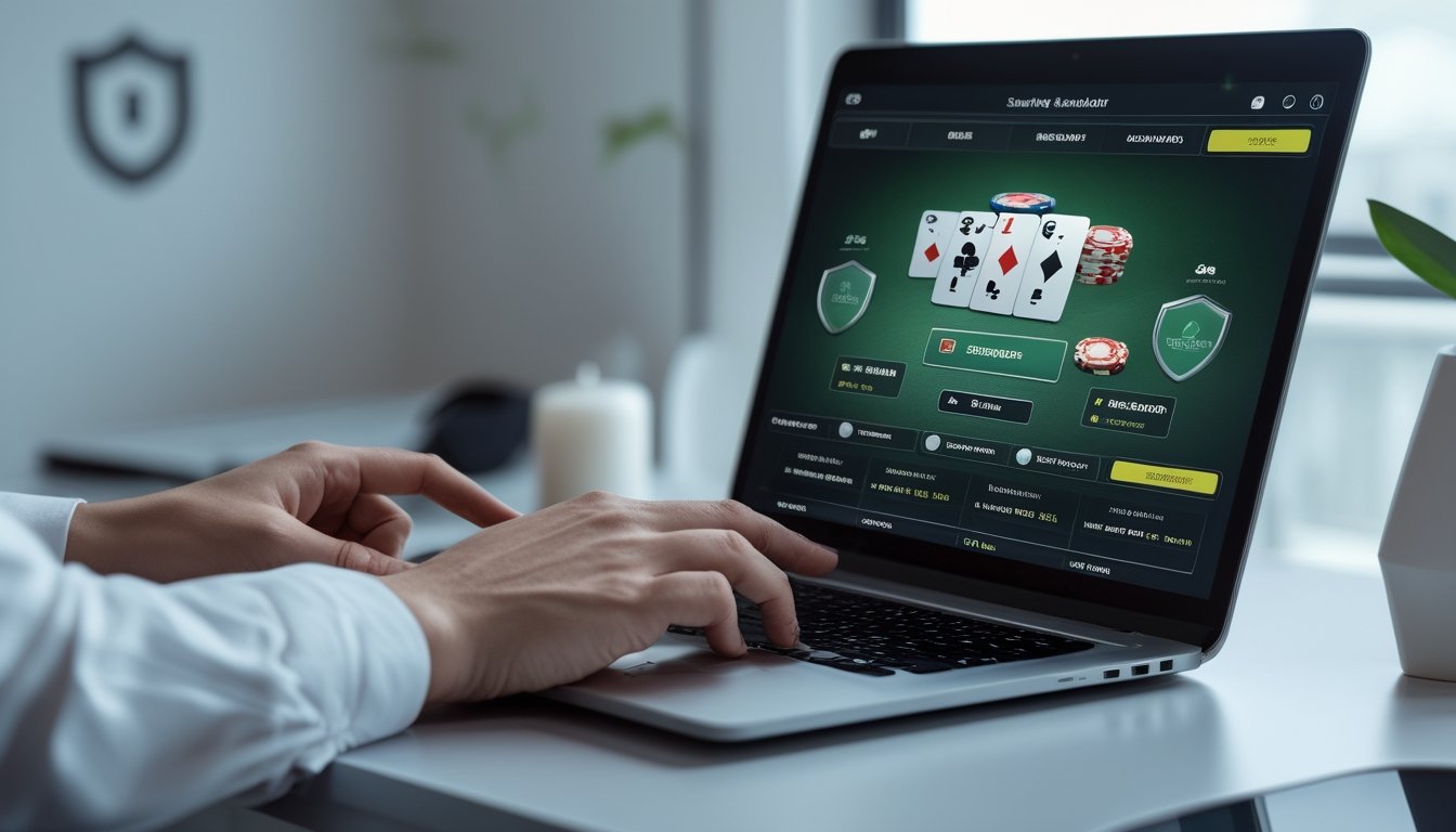 Seorang pemain menggunakan laptop untuk bermain blackjack surrender online dengan tampilan permainan dan simbol keamanan di layar.