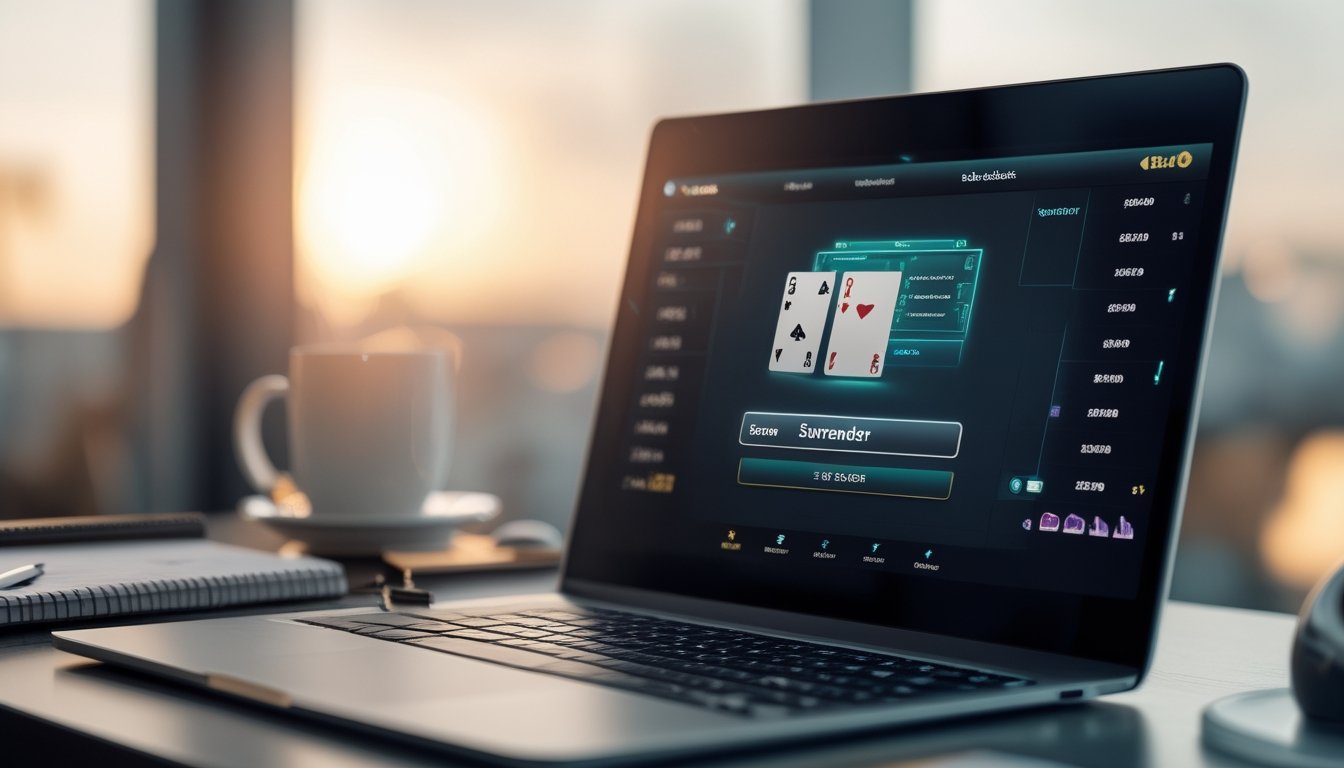 Seorang pemain blackjack online sedang menggunakan fitur surrender di layar komputer dengan meja kerja rapi dan suasana fokus.