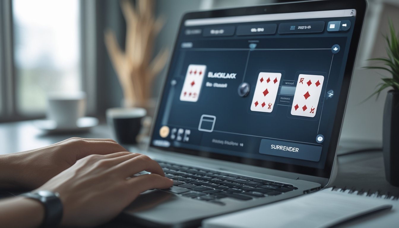 Seorang pemain sedang bermain blackjack online di depan komputer dengan kartu dan chip terlihat di layar.
