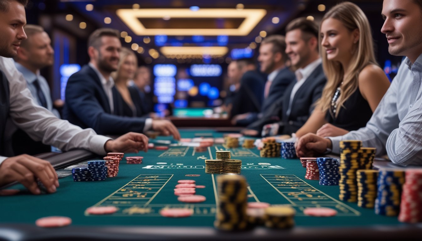 Meja blackjack di kasino dengan dealer dan pemain yang sedang bermain, dikelilingi tumpukan chip dan lampu kasino yang berwarna-warni.