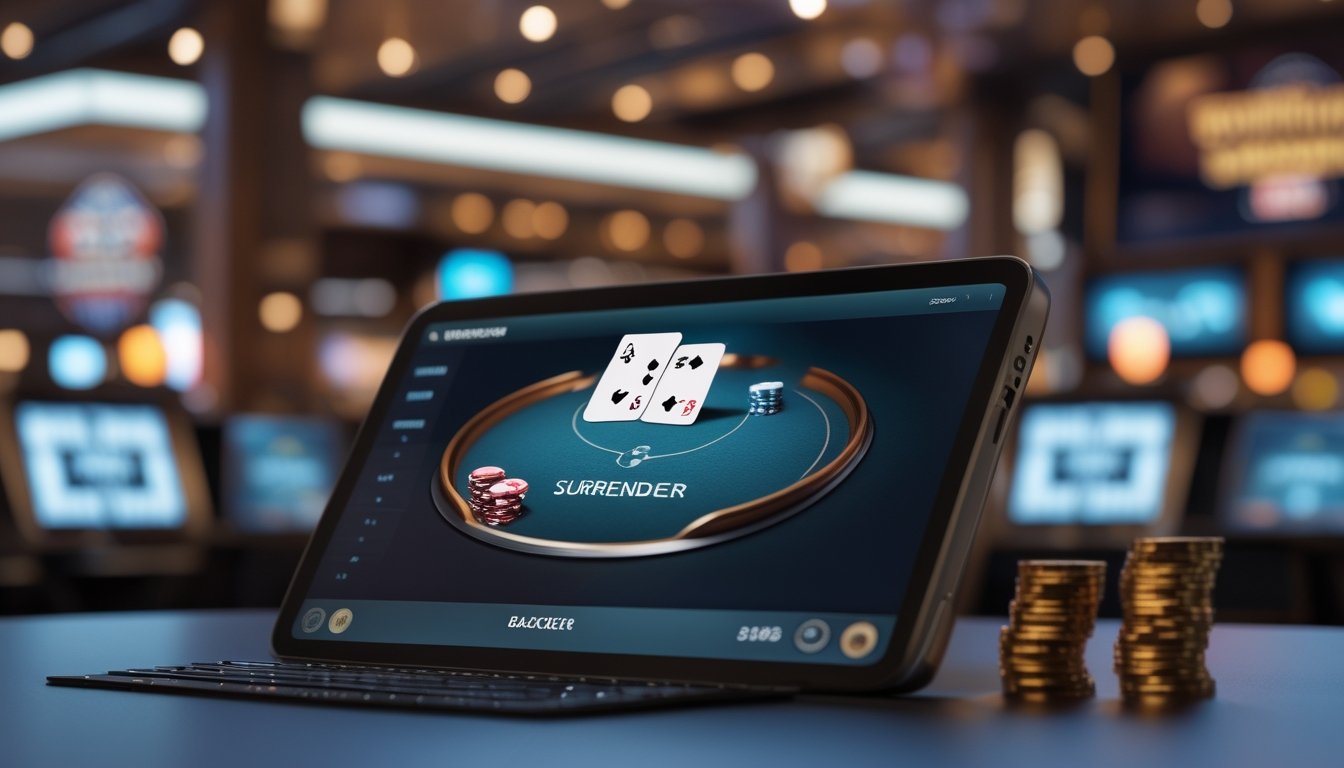 Tampilan meja blackjack online dengan kartu dan chip, menampilkan opsi surrender dan suasana kasino yang samar di latar belakang.