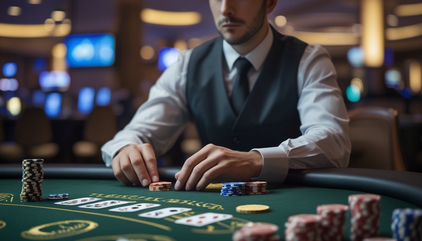 Seorang pemain dan dealer di meja blackjack kasino sedang mempertimbangkan langkah permainan dengan kartu dan chip di atas meja hijau.