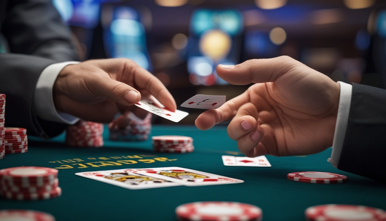 Tangan pemain memegang kartu di meja blackjack dengan tumpukan chip dan tangan dealer menunjuk opsi surrender.