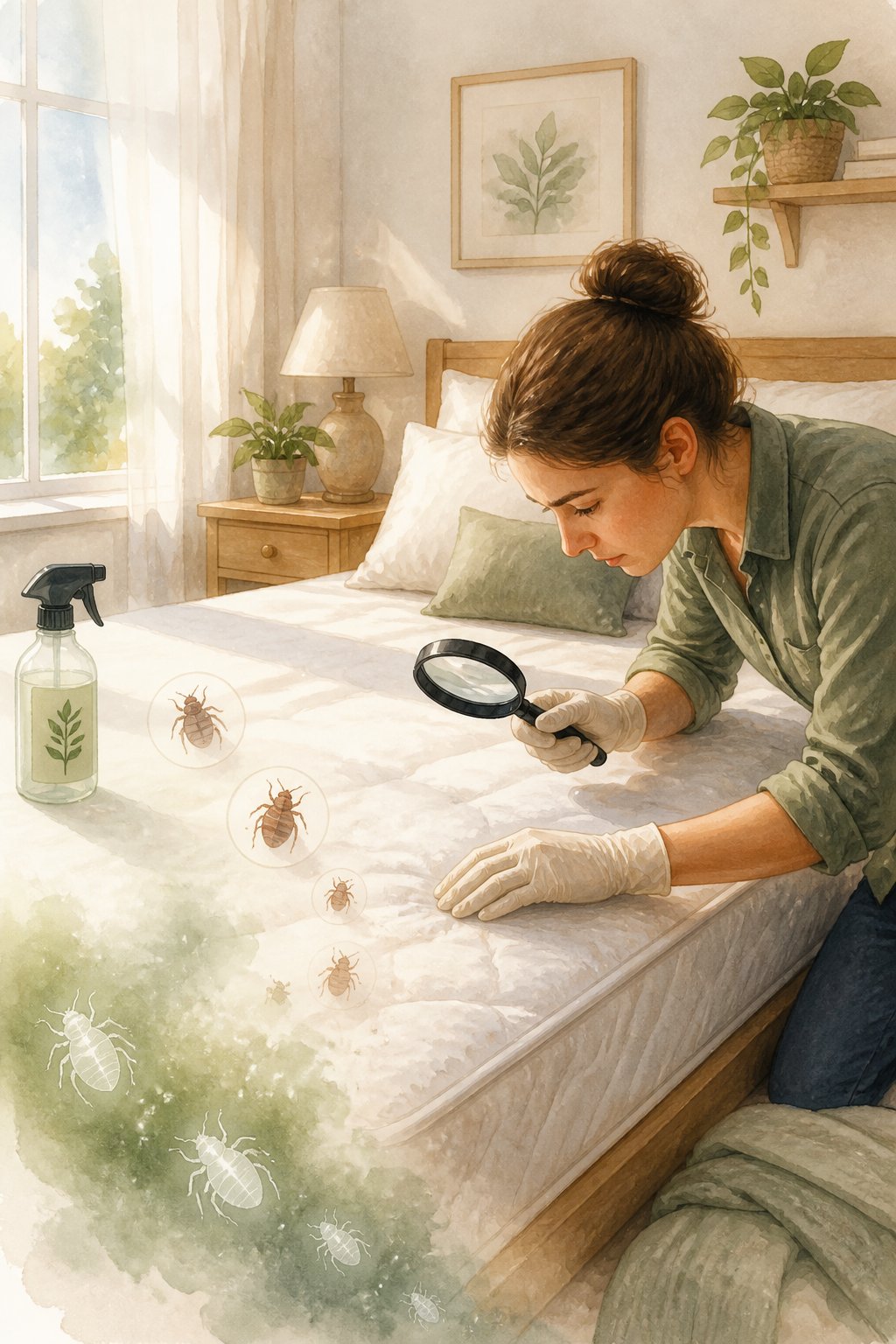 A person inspecting a bed mattress with a magnifying glass in a clean, cozy bedroom while tiny bed bugs fade away around the bed.