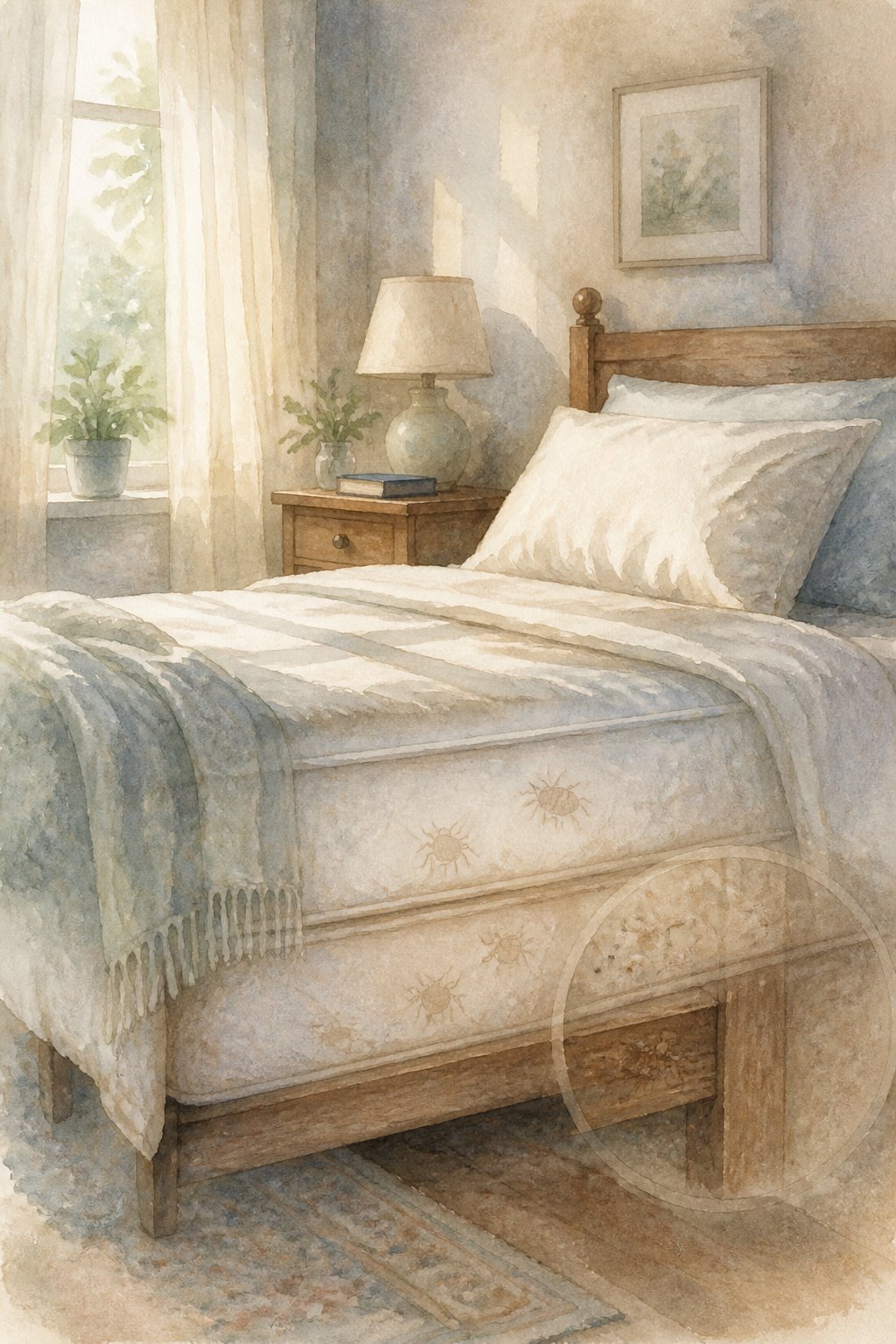 A cozy bedroom with a bed and soft linens, showing faint outlines of tiny bugs hidden in the mattress and bed frame.