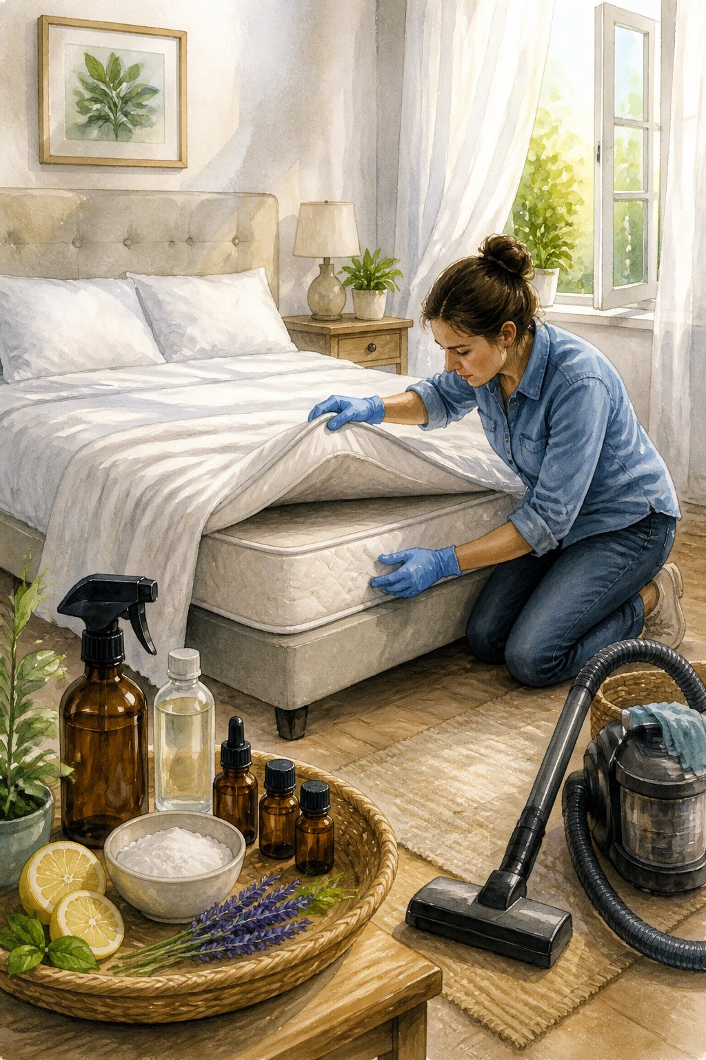 A person inspecting a neatly made bed with cleaning supplies nearby in a bright bedroom.