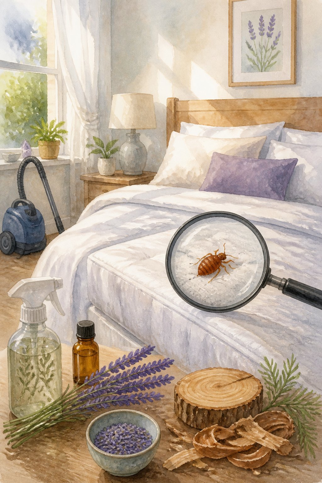 A bedroom scene showing a bed with a magnifying glass highlighting a bed bug, nearby natural remedies, and cleaning tools on a bedside table.