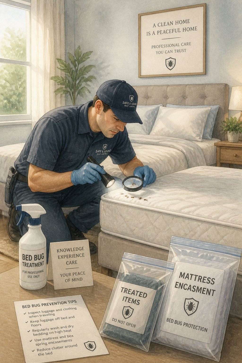 A professional pest control expert inspecting a bed in a tidy bedroom to remove bed bugs.