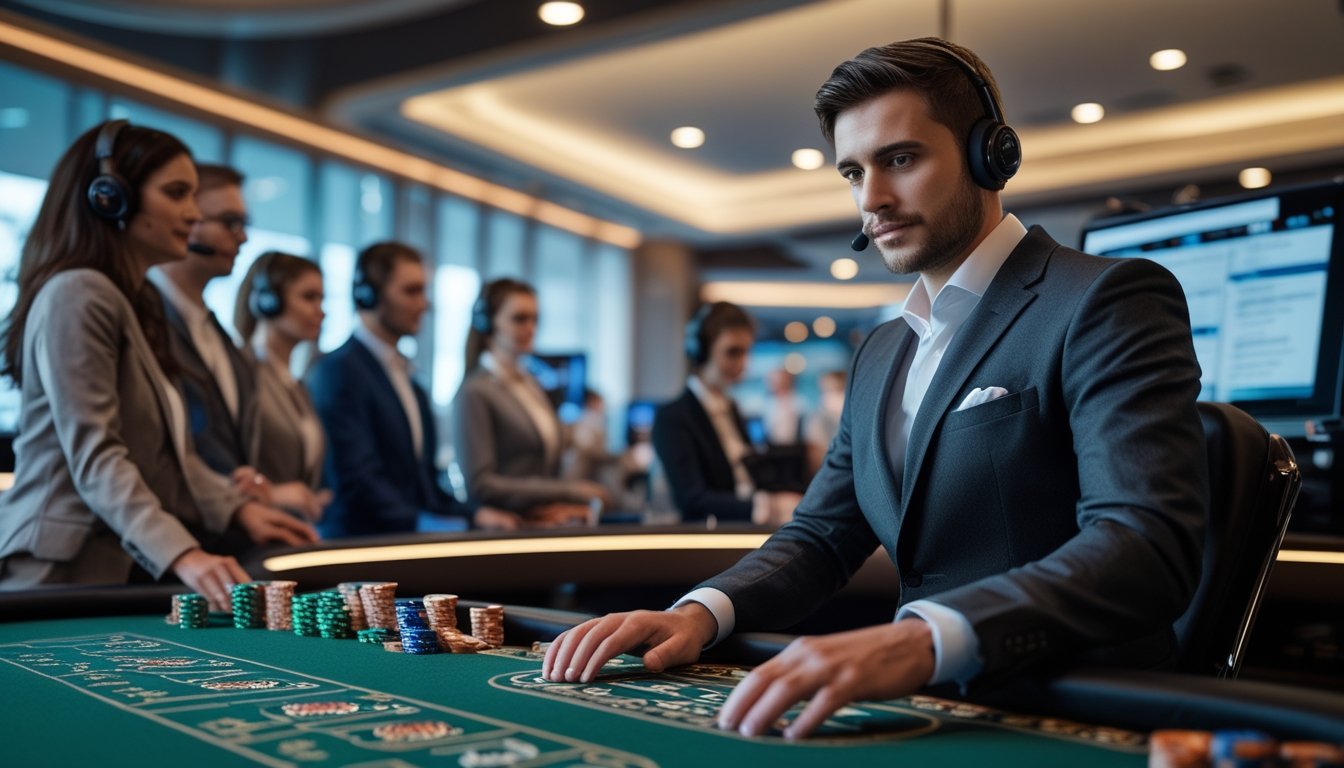 Seorang dealer blackjack profesional di meja kasino dengan tim layanan pelanggan yang sedang bekerja di latar belakang.