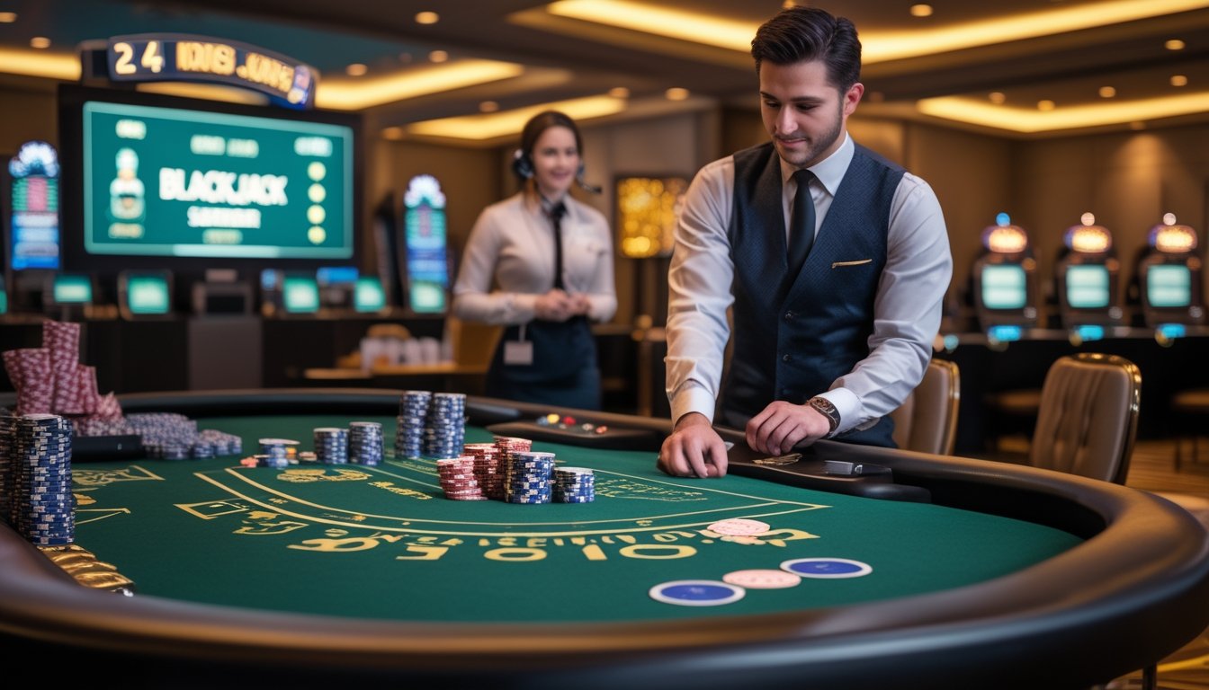 Seorang dealer blackjack di meja kasino dengan kartu dan chip, didukung oleh staf layanan pelanggan yang memakai headset di latar belakang.