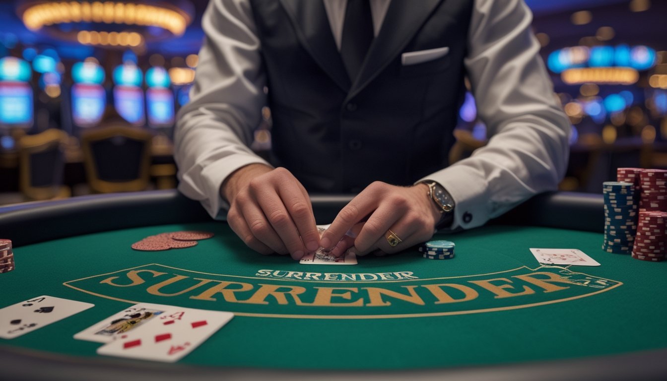 Seorang dealer berjubah rapi sedang membagikan kartu di meja blackjack dengan tumpukan chip dan suasana kasino di latar belakang.