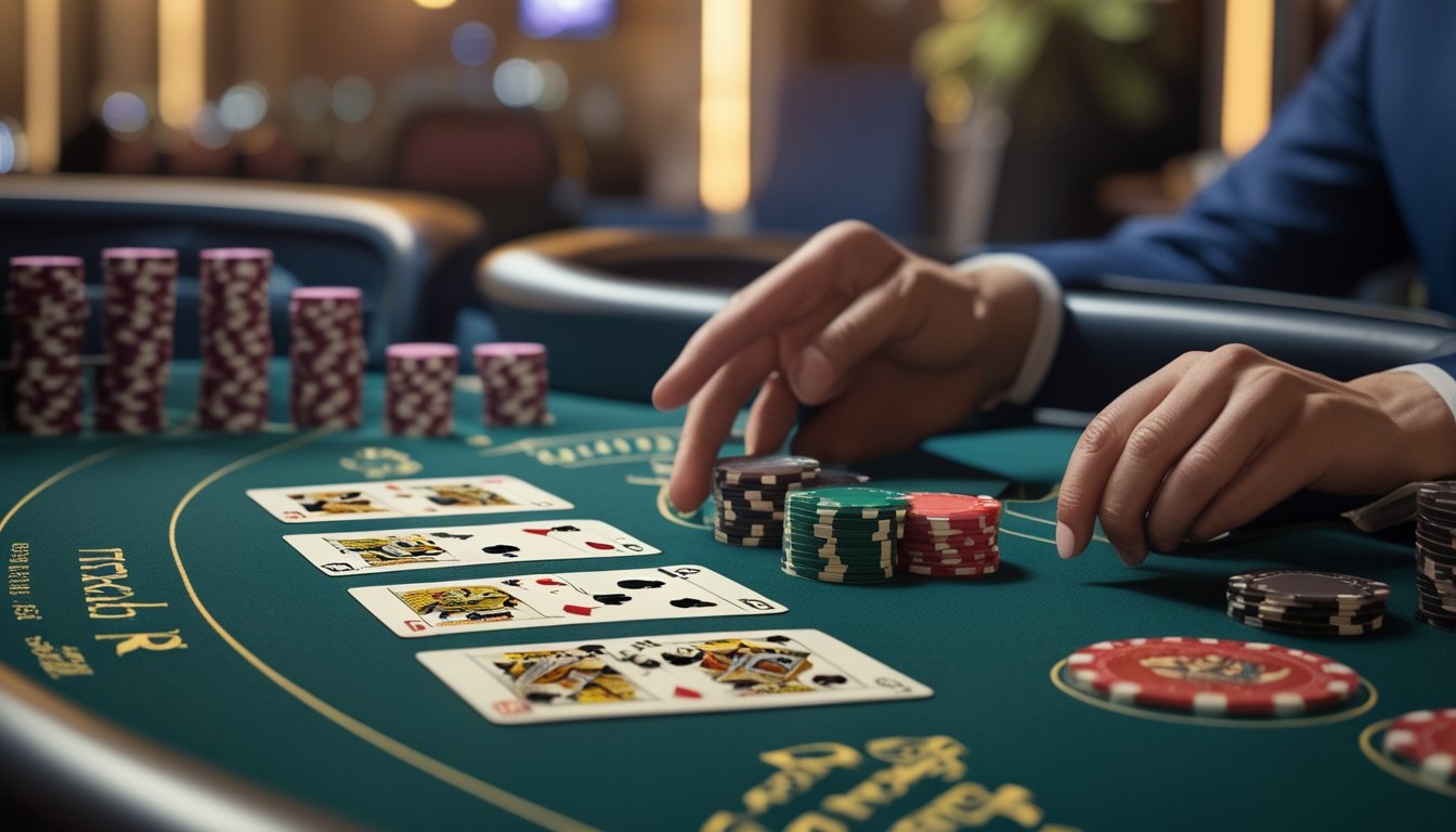 Meja blackjack di kasino dengan kartu dan chip yang menunjukkan pemain sedang menyerah dalam permainan.