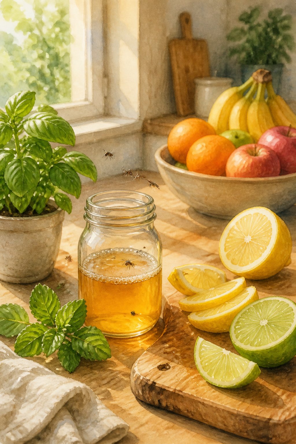 A kitchen countertop with a jar of apple cider vinegar trap surrounded by fresh lemons, limes, herbs, and a bowl of fruit, with tiny fruit flies nearby.