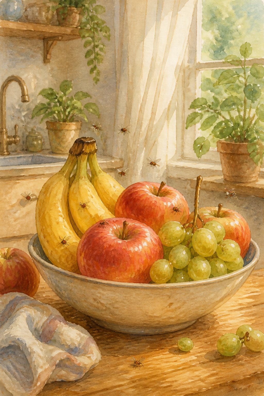 A kitchen table with ripe fruits and small fruit flies hovering around them near a window.