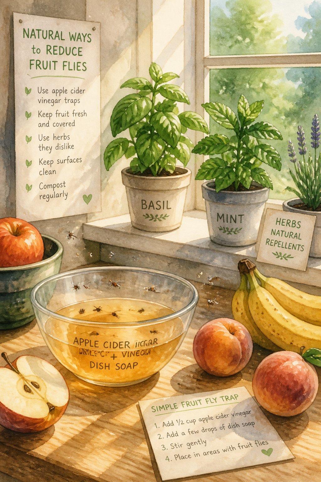 A kitchen countertop with a glass bowl containing a fruit fly trap, small flying fruit flies, potted herbs on a windowsill, and fresh fruits nearby.