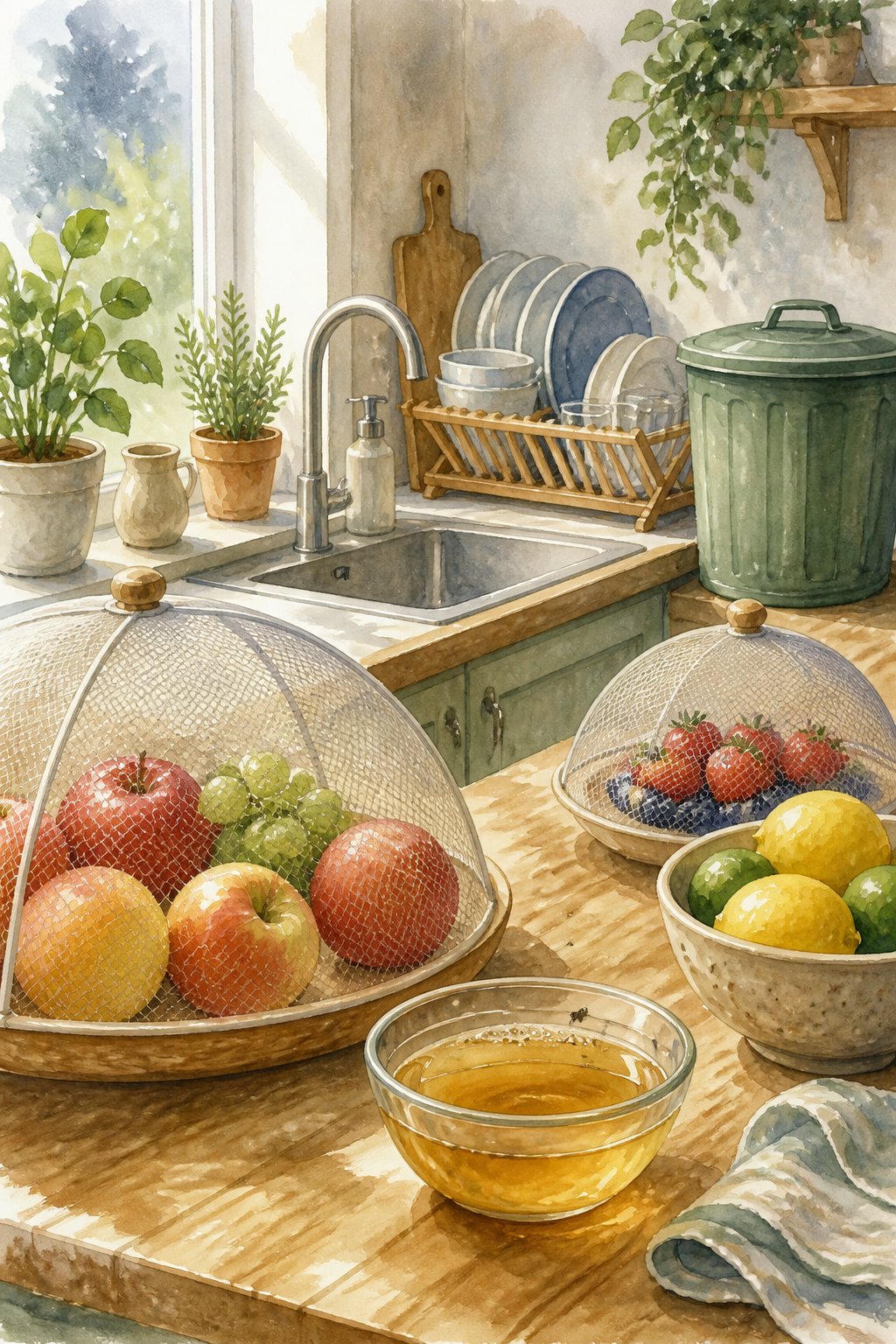 A kitchen countertop with fresh fruits covered by mesh, a bowl with apple cider vinegar trap, a clean sink, and a closed compost bin.