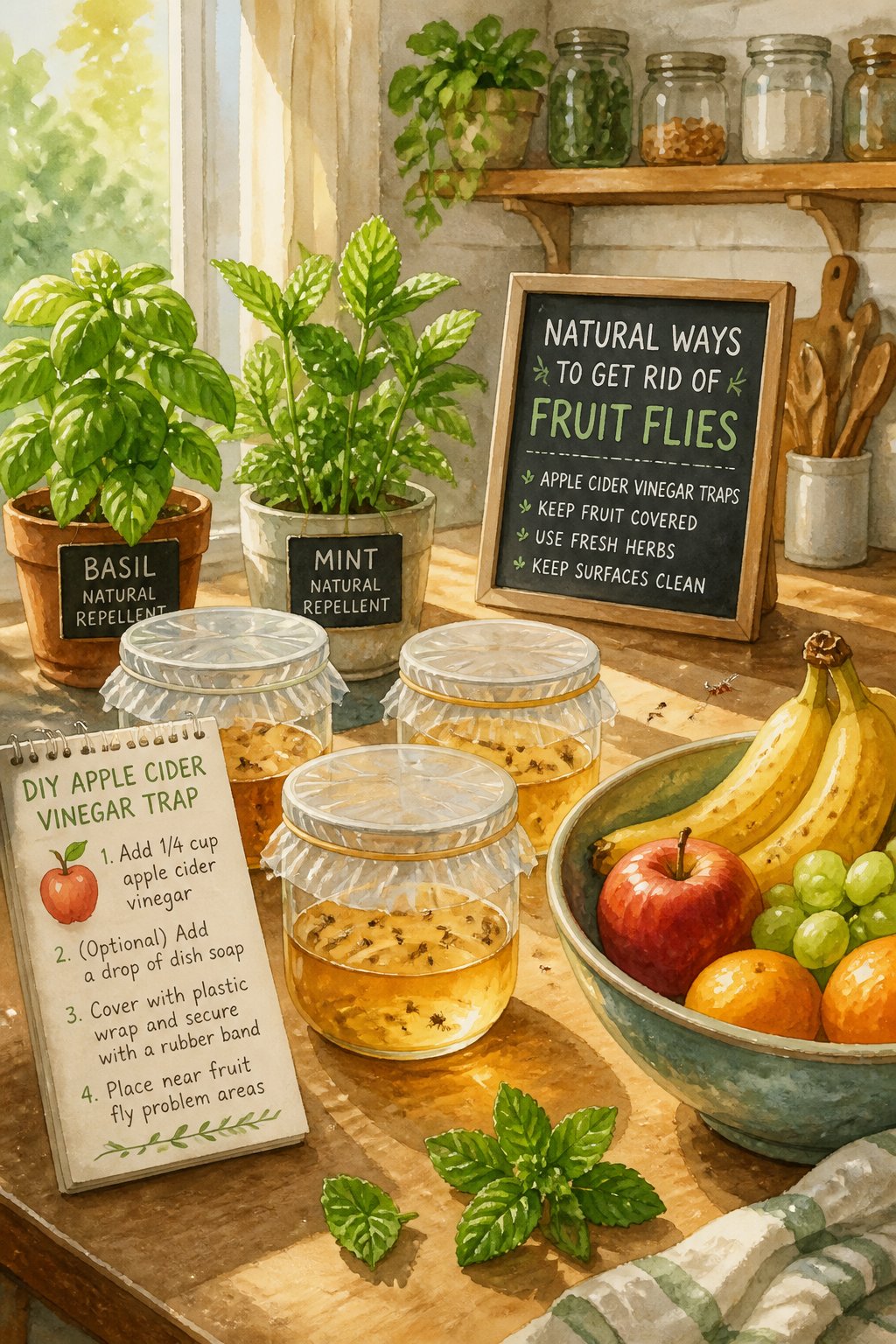 A kitchen countertop with jars containing fruit fly traps, fresh herbs in pots, and a bowl of fruit with small fruit flies nearby.