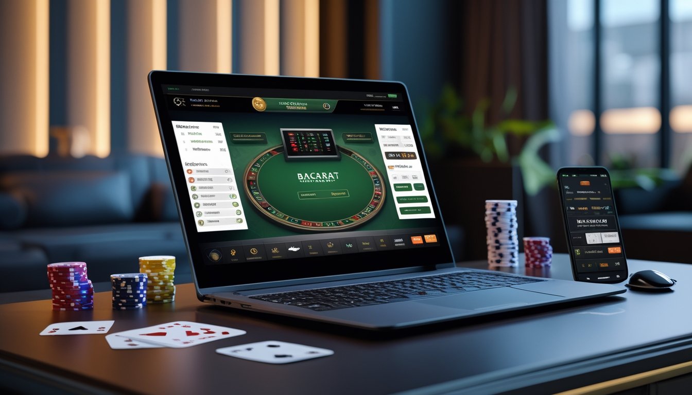 Seorang pemain sedang menggunakan laptop dengan tampilan permainan baccarat online, dikelilingi oleh chip poker dan kartu remi di atas meja kayu yang rapi.