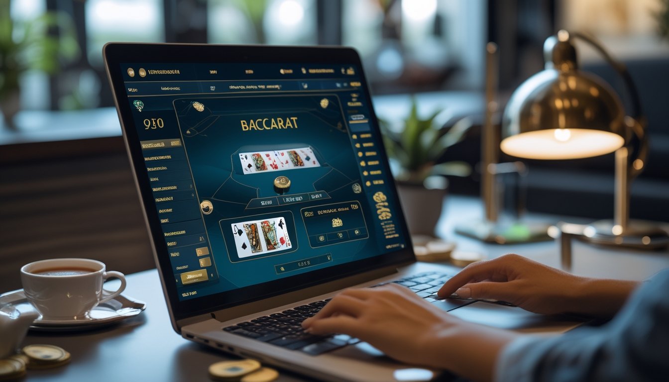 Seorang pemain sedang bermain baccarat online di laptop dengan suasana meja yang nyaman dan rapi di rumah.