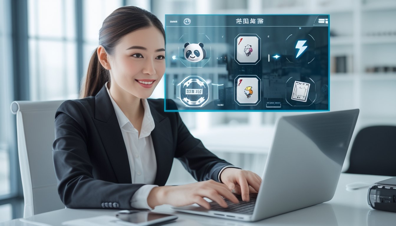 Seorang wanita bisnis Asia duduk di meja modern menggunakan laptop dengan latar kantor yang terang dan bersih, menunjukkan suasana transaksi online yang aman dan cepat.