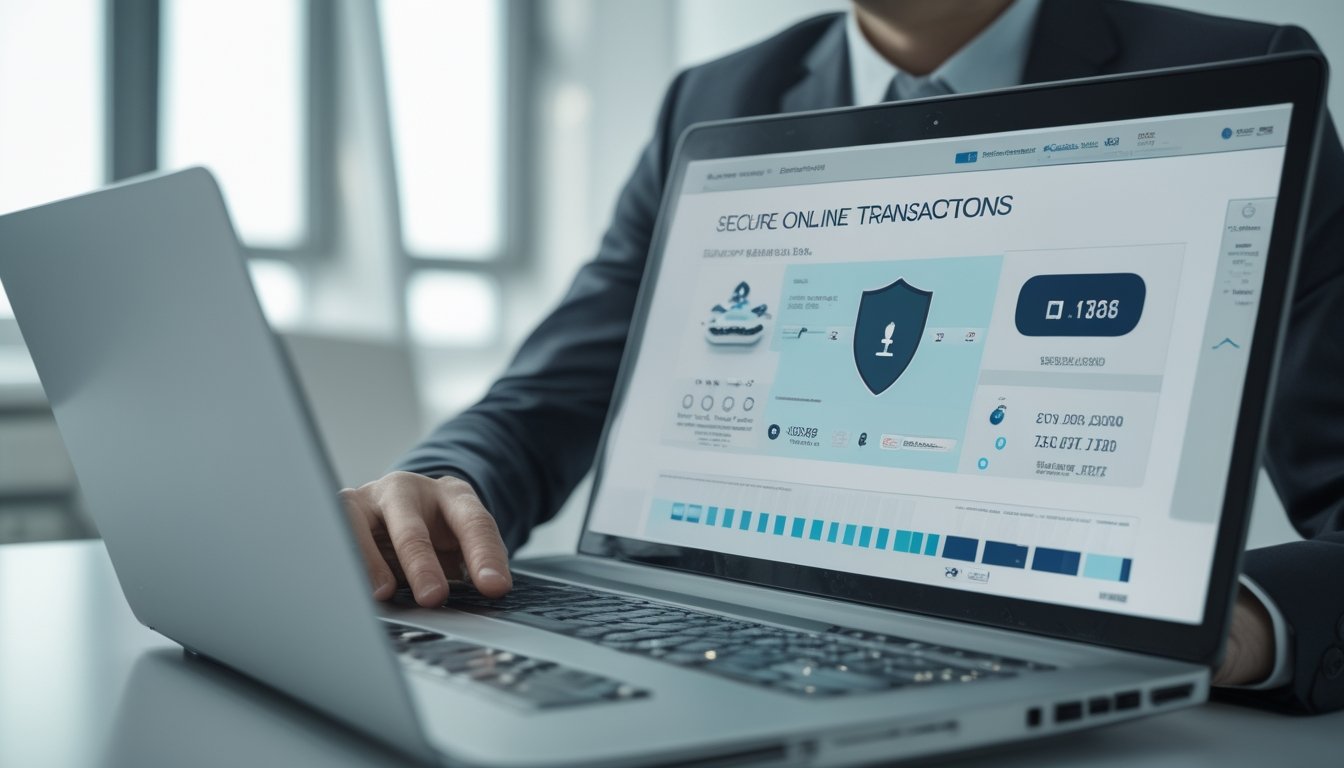 Seorang profesional menggunakan laptop di kantor modern dengan layar yang menampilkan transaksi online aman dan statistik permainan baccarat.