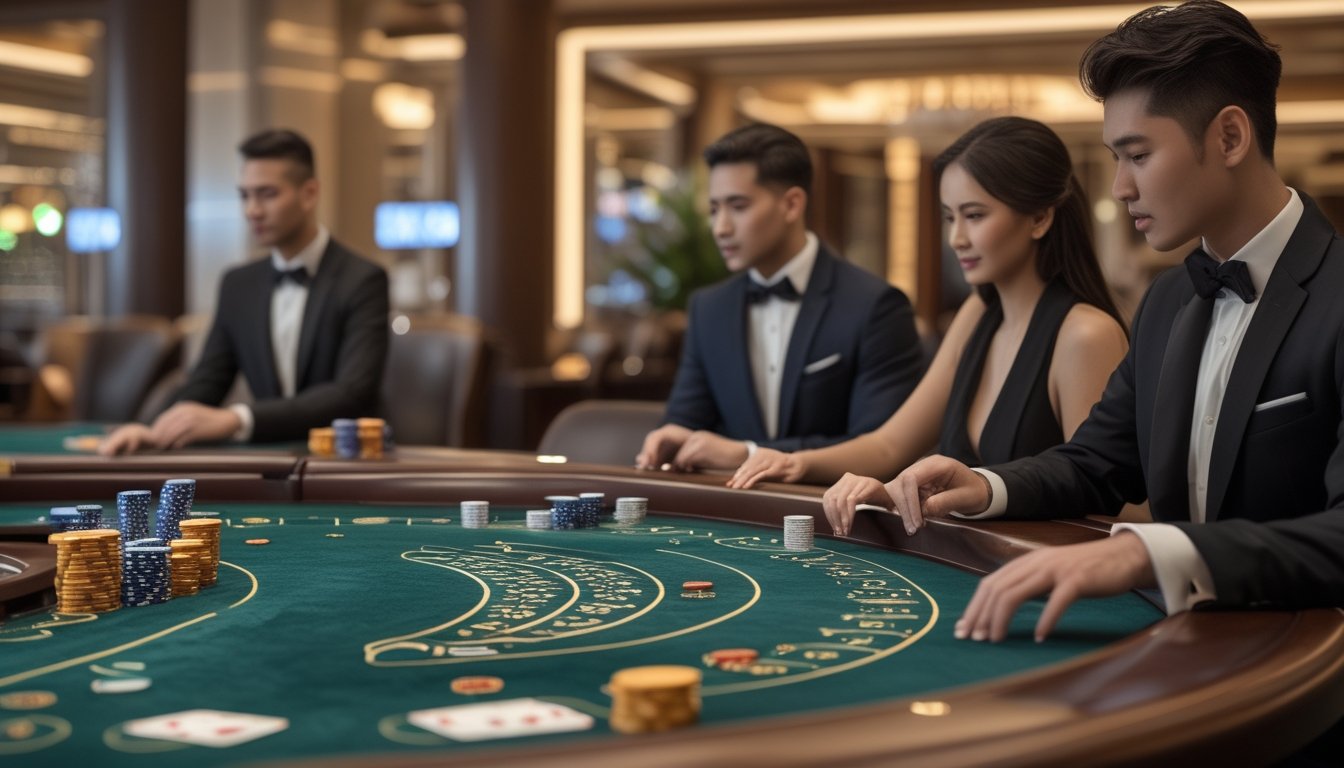 Meja baccarat mewah dengan kartu dan chip, pemain berpakaian rapi sedang bermain di kasino yang elegan.