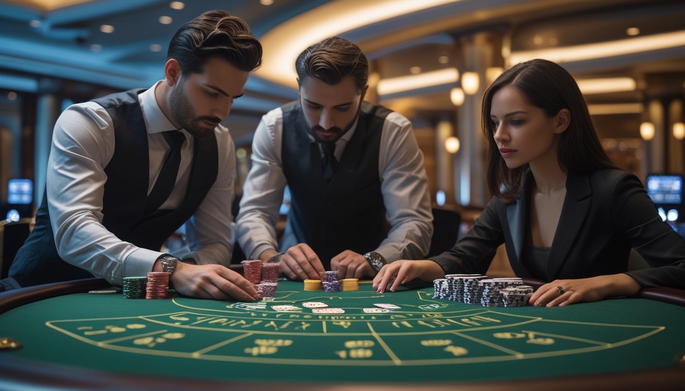 Dua pemain yang berpakaian rapi sedang fokus bermain baccarat di meja kasino dengan dealer yang membagikan kartu.