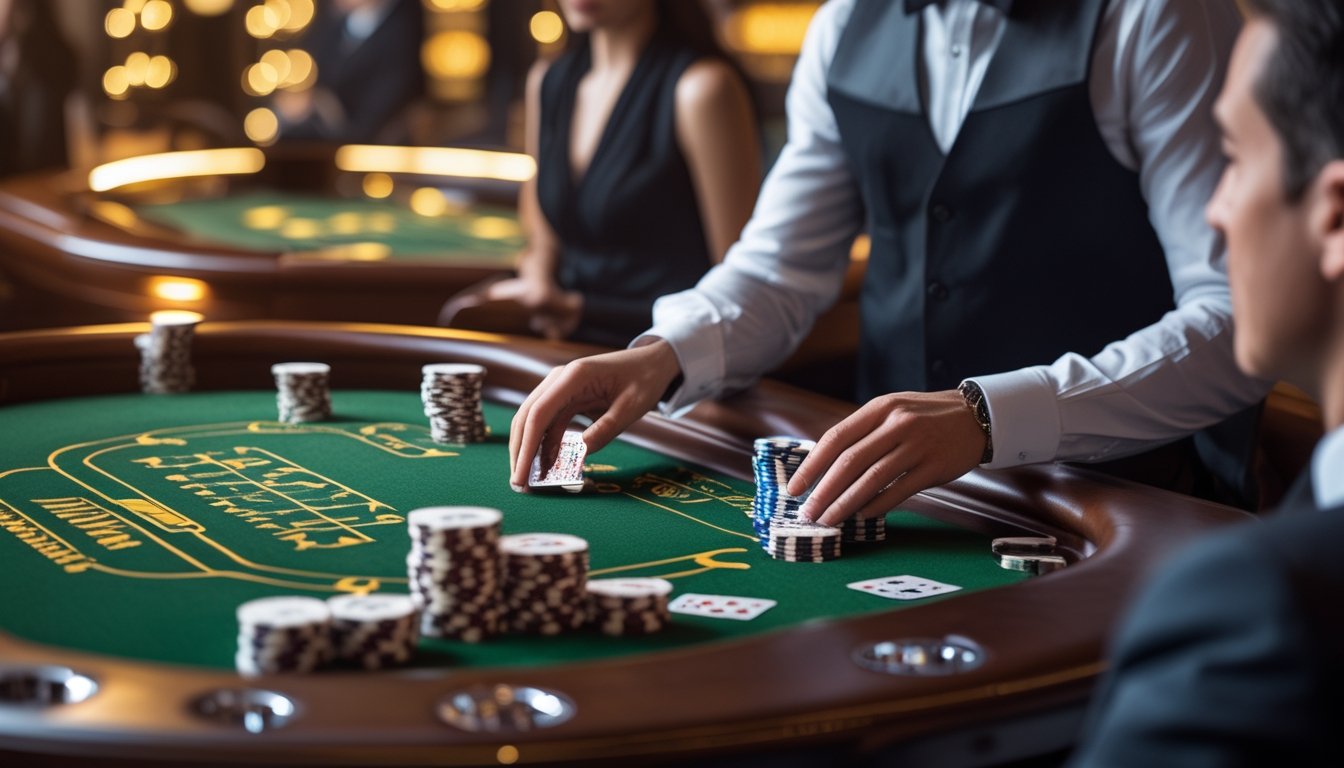 Meja permainan baccarat dengan dealer dan beberapa pemain yang sedang fokus bermain di kasino mewah.