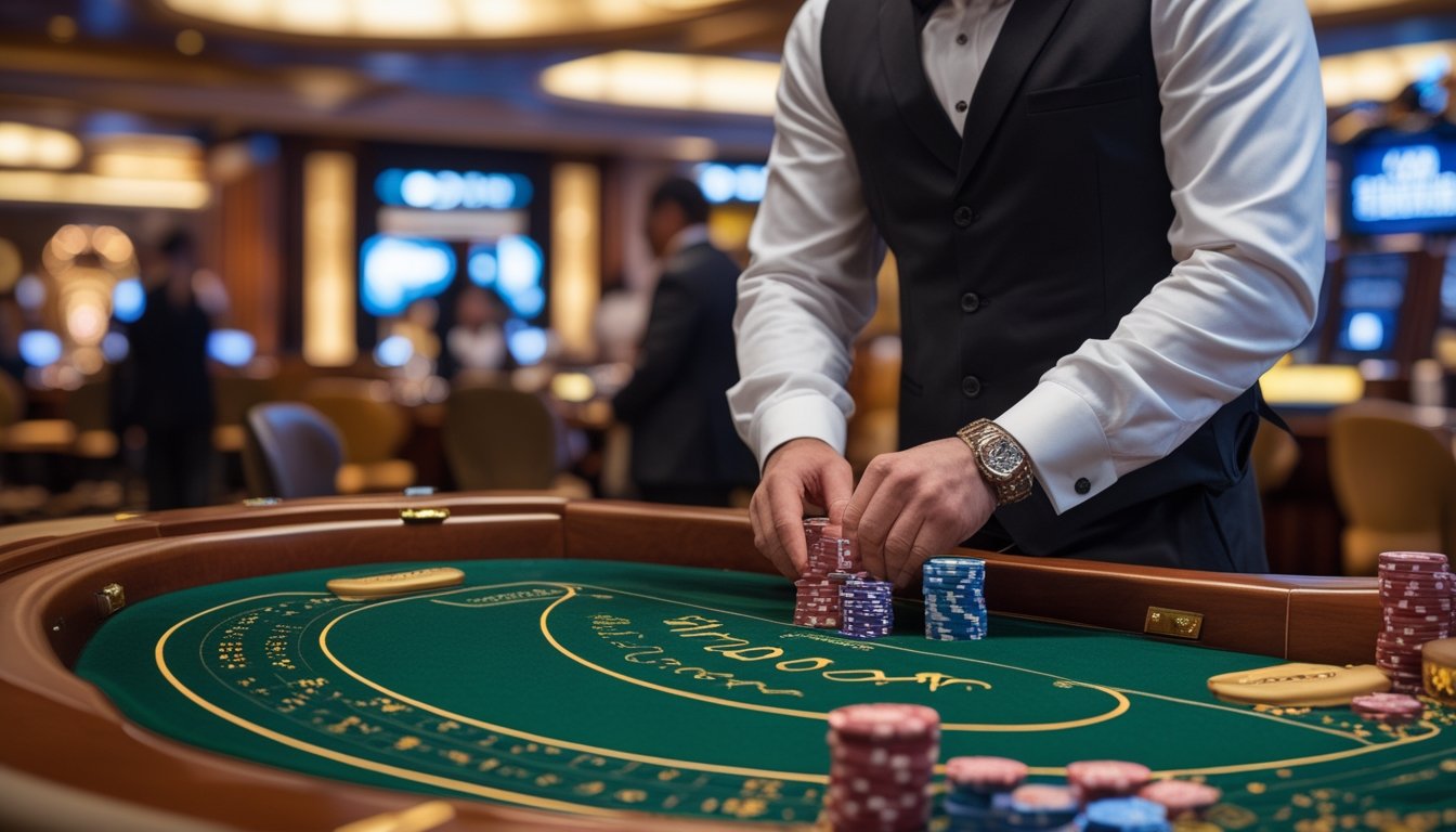 Meja baccarat mewah dengan dealer berpakaian rapi sedang membagikan kartu di kasino yang elegan.