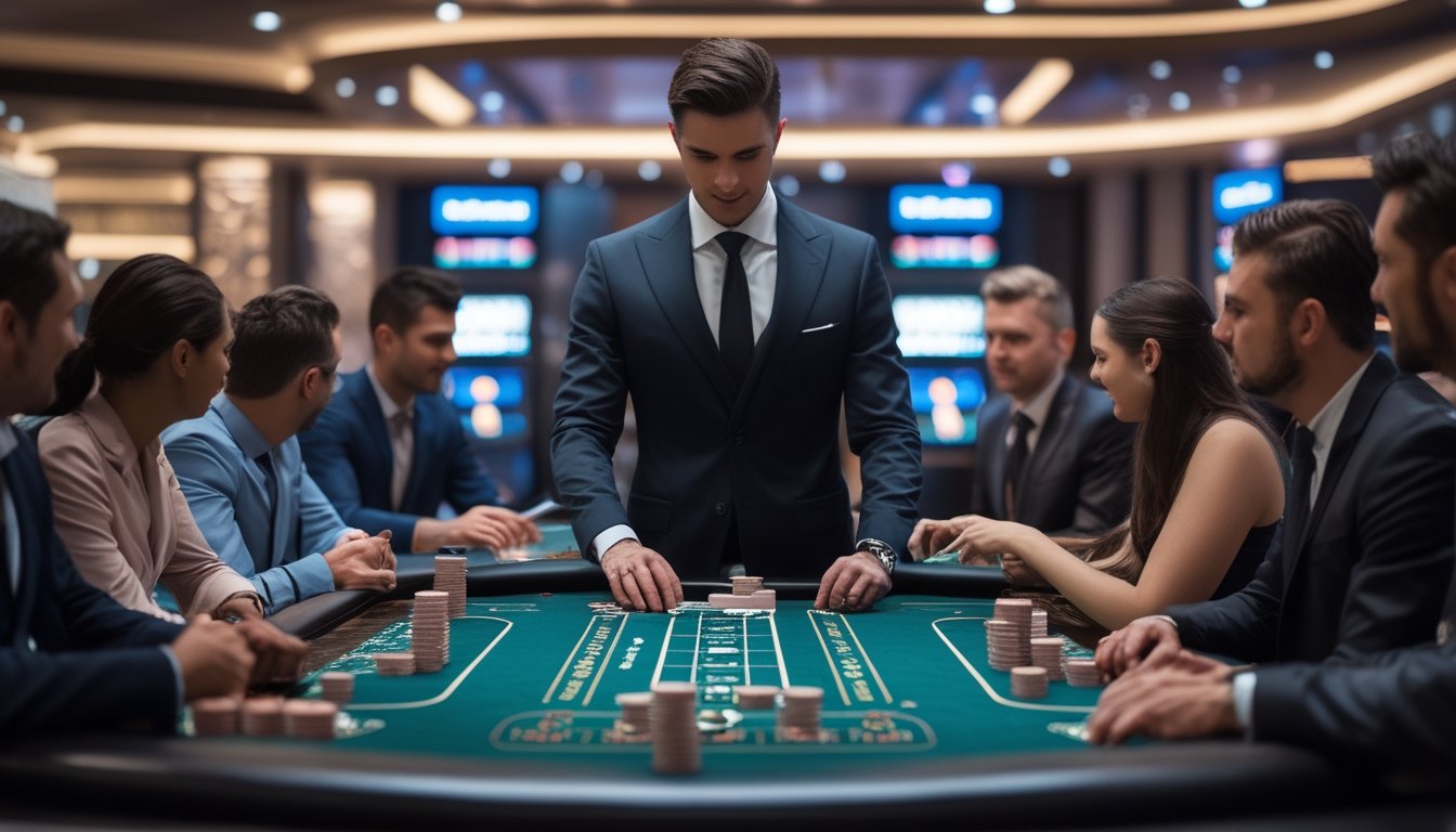 Seorang dealer profesional sedang mengelola meja baccarat dengan pemain yang menikmati permainan di kasino mewah.